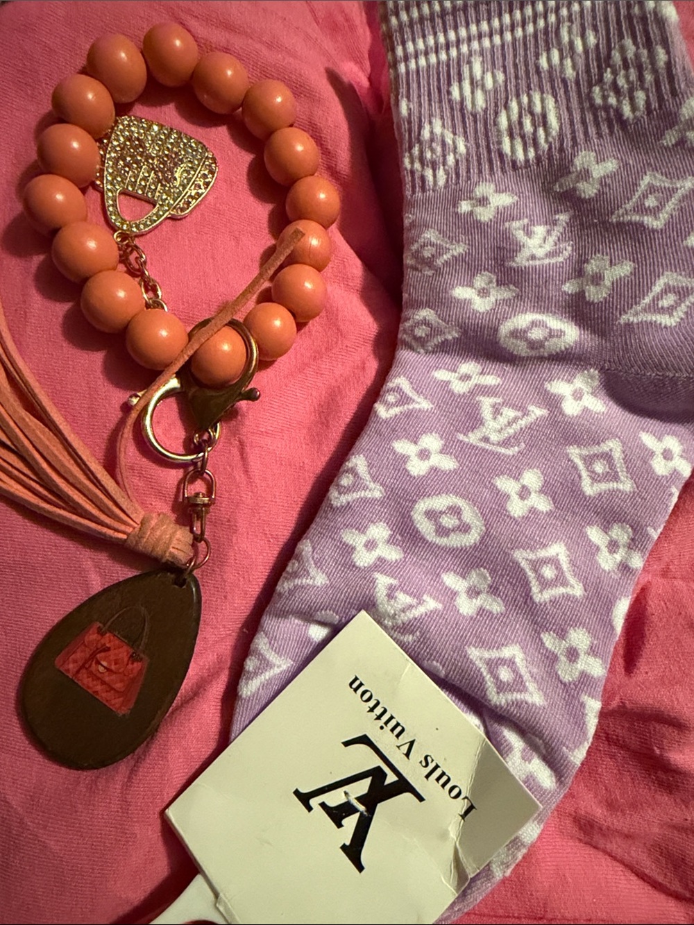 Slimsation By Multiples Coral Beaded Keychain with Tassel and Gold Accent